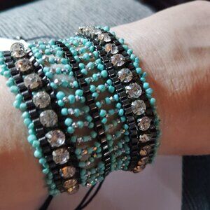 Handcrafted Adjustable Beaded Bracelet – Turquoise Chips, Hematite Cubes & Rhine